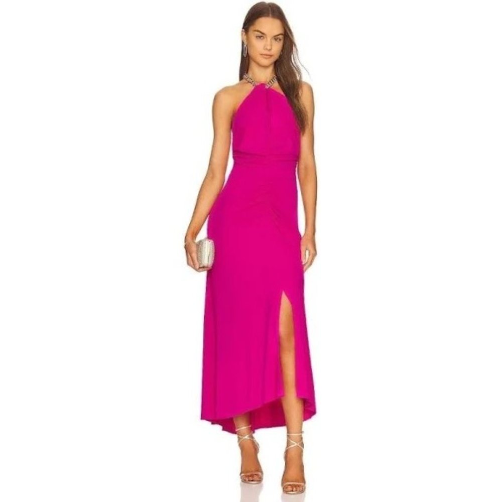 Veronica Beard NWT Reze Pink Dress Ruched Gold Chain Backless Slit Maxi Large